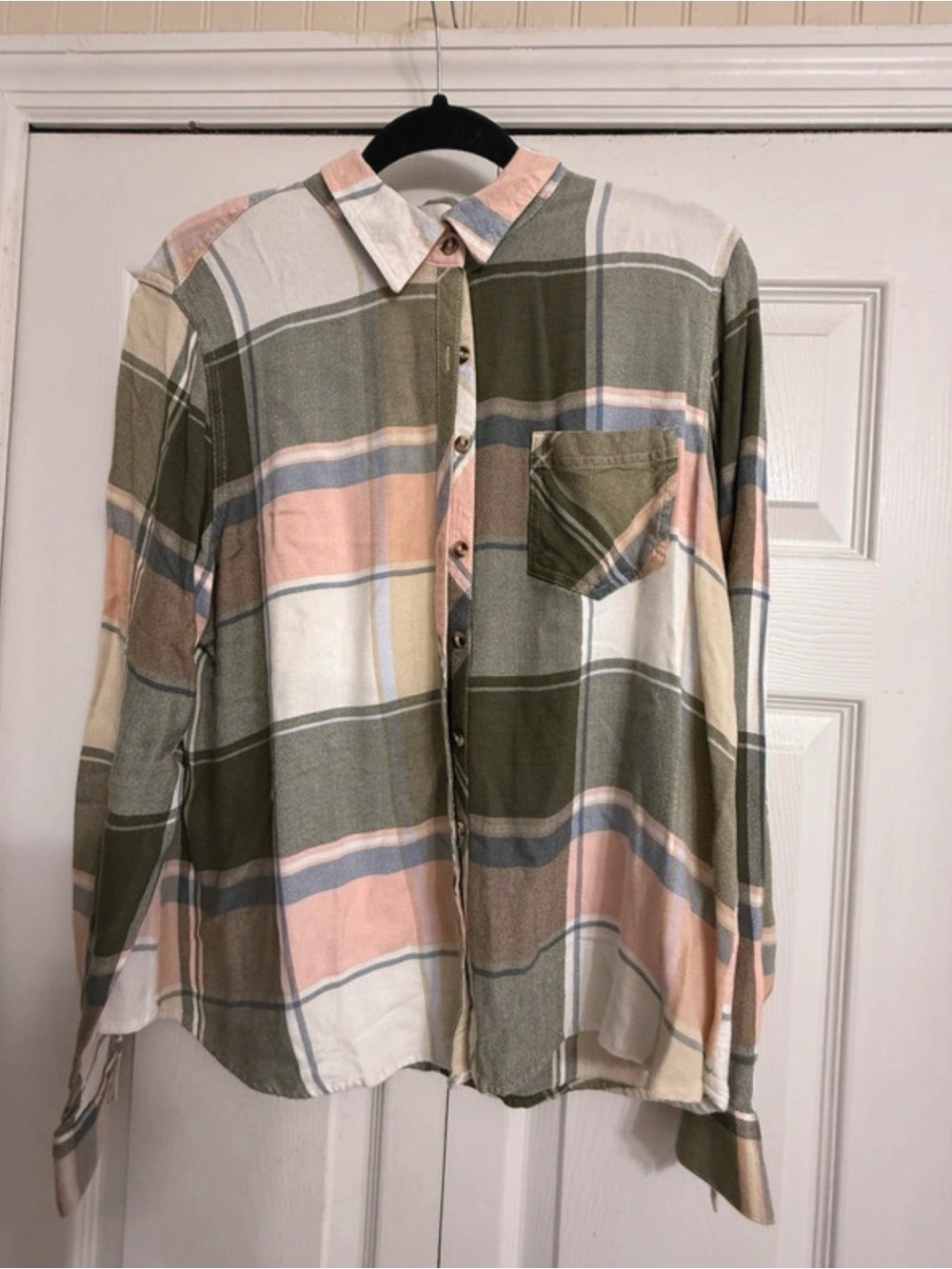 Maurices Plaid Button-Down Shirt in Olive Green, Peach & Cream